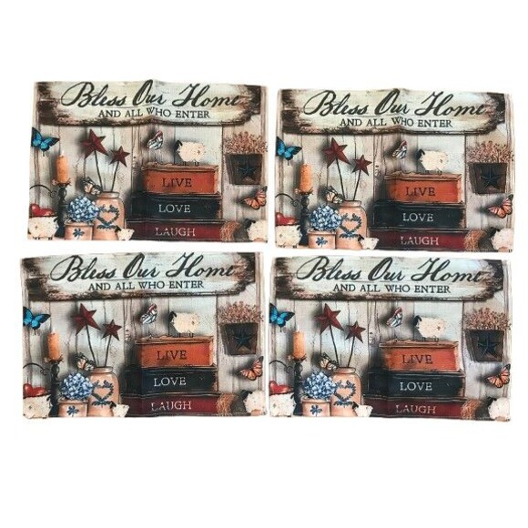 Set of 4 Placemats 12x18in Woven Polyester Thin Bless our Home - Picture 2 of 2
